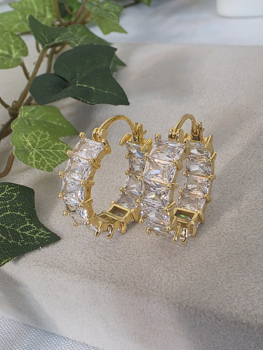 Gold Filled Emerald Cut Cubic Zirconia Huggie Hoop Earrings Eternity Band